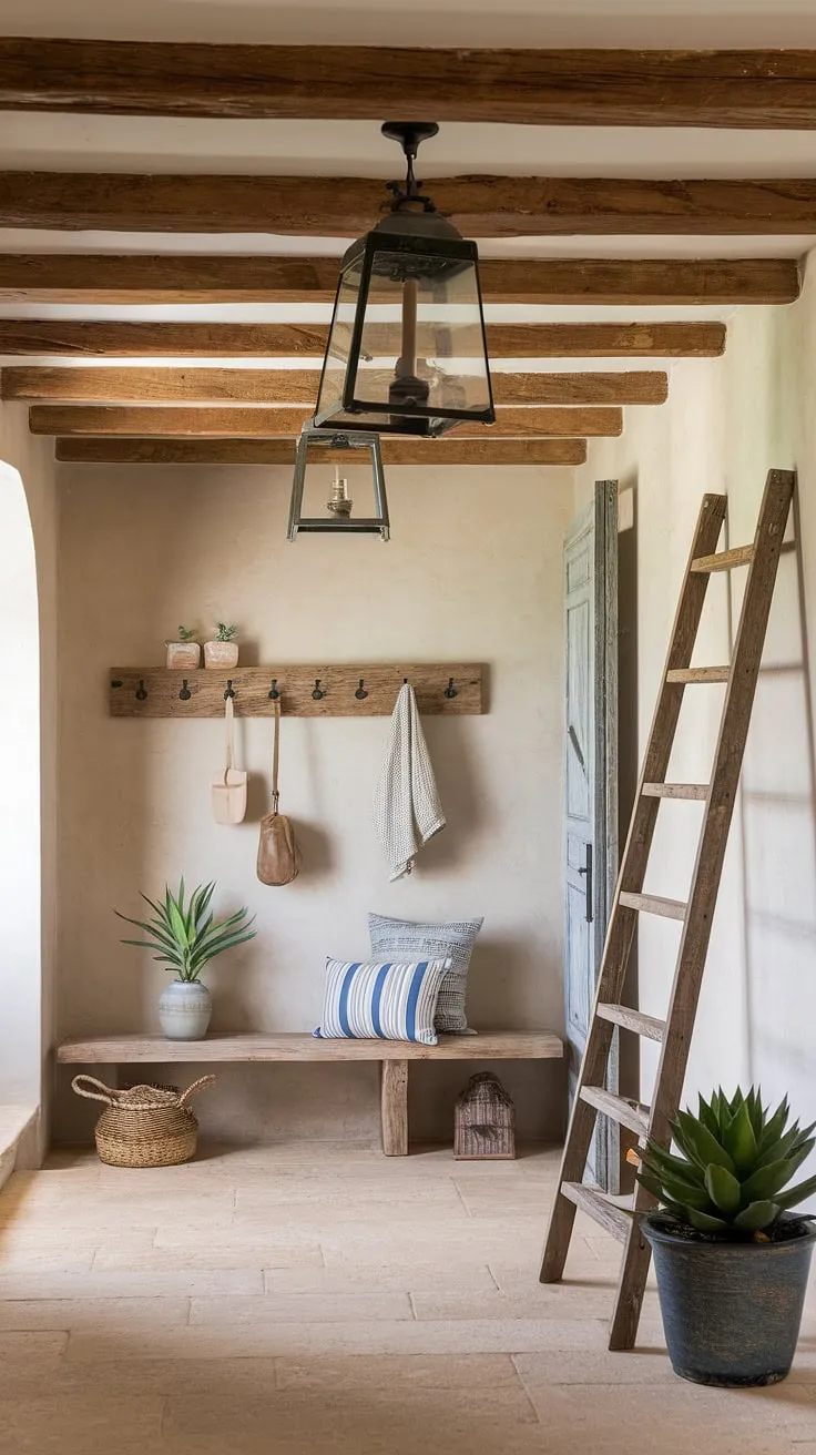 Rustic charm meets modern design in this French farmhouse entryway, showcasing wooden beams, a vintage ladder, and a cozy bench.