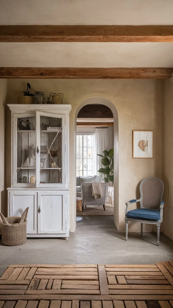 Rustic charm meets modern design in this French farmhouse entryway, where wooden beams and a concrete floor complement vintage details and soft lighting.