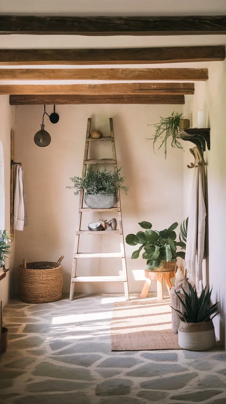 A whitewashed French country entryway exudes warmth with wooden beams, stone floors, and thoughtfully placed plants and vintage finds.