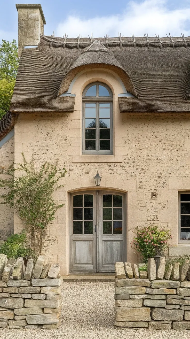A charming stone French farmhouse with a thatched roof and idyllic landscaping evokes classic country cottage style.