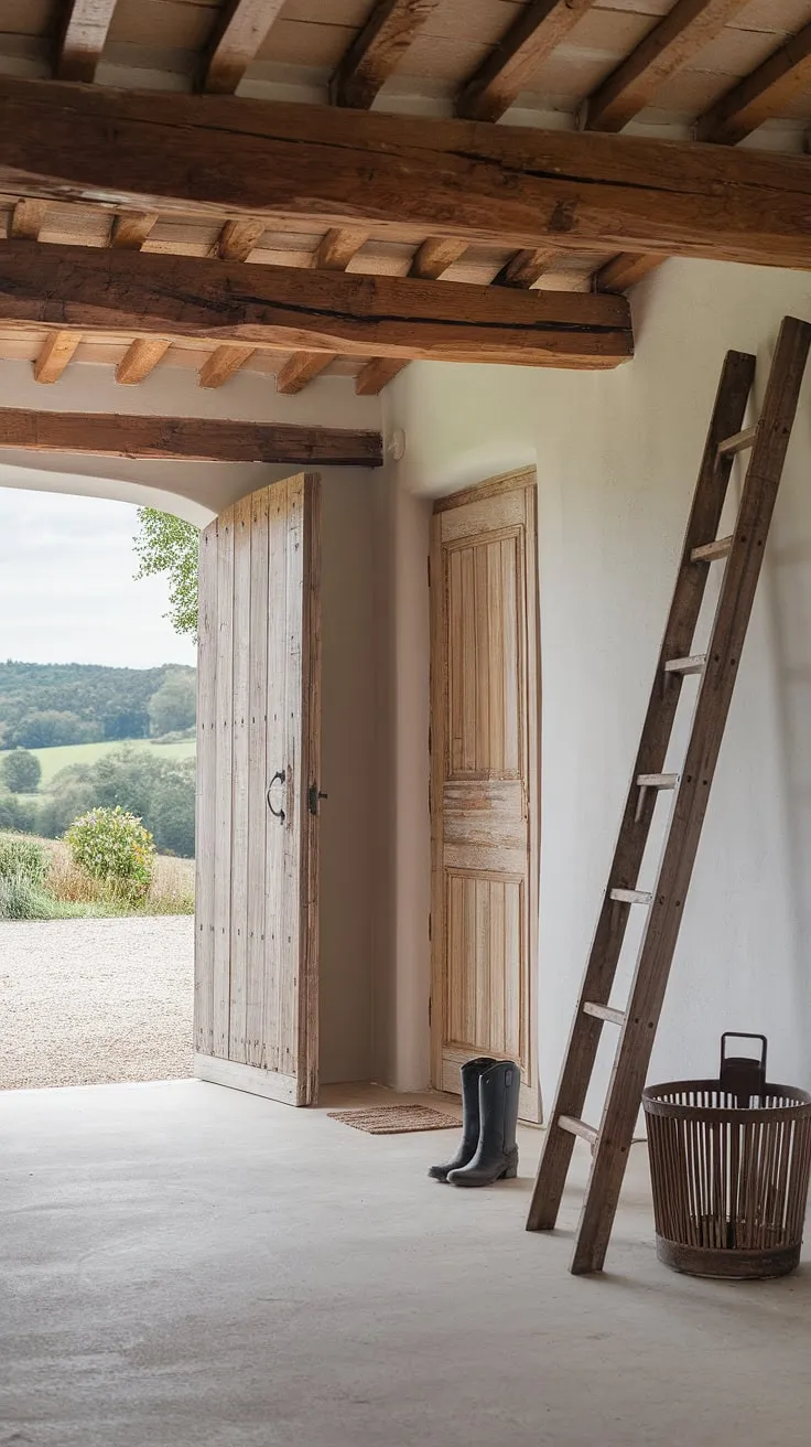 Rustic charm meets modern design in this French farmhouse, its entryway showcasing a countryside view and vintage details.