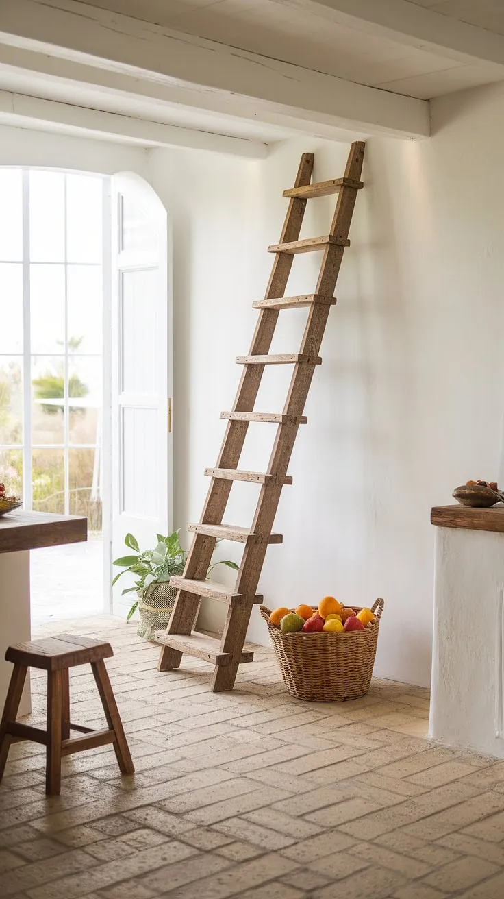 A bright French country kitchen showcases a peaceful scene of wooden ladder, fruit basket, and sunlit brick floor.