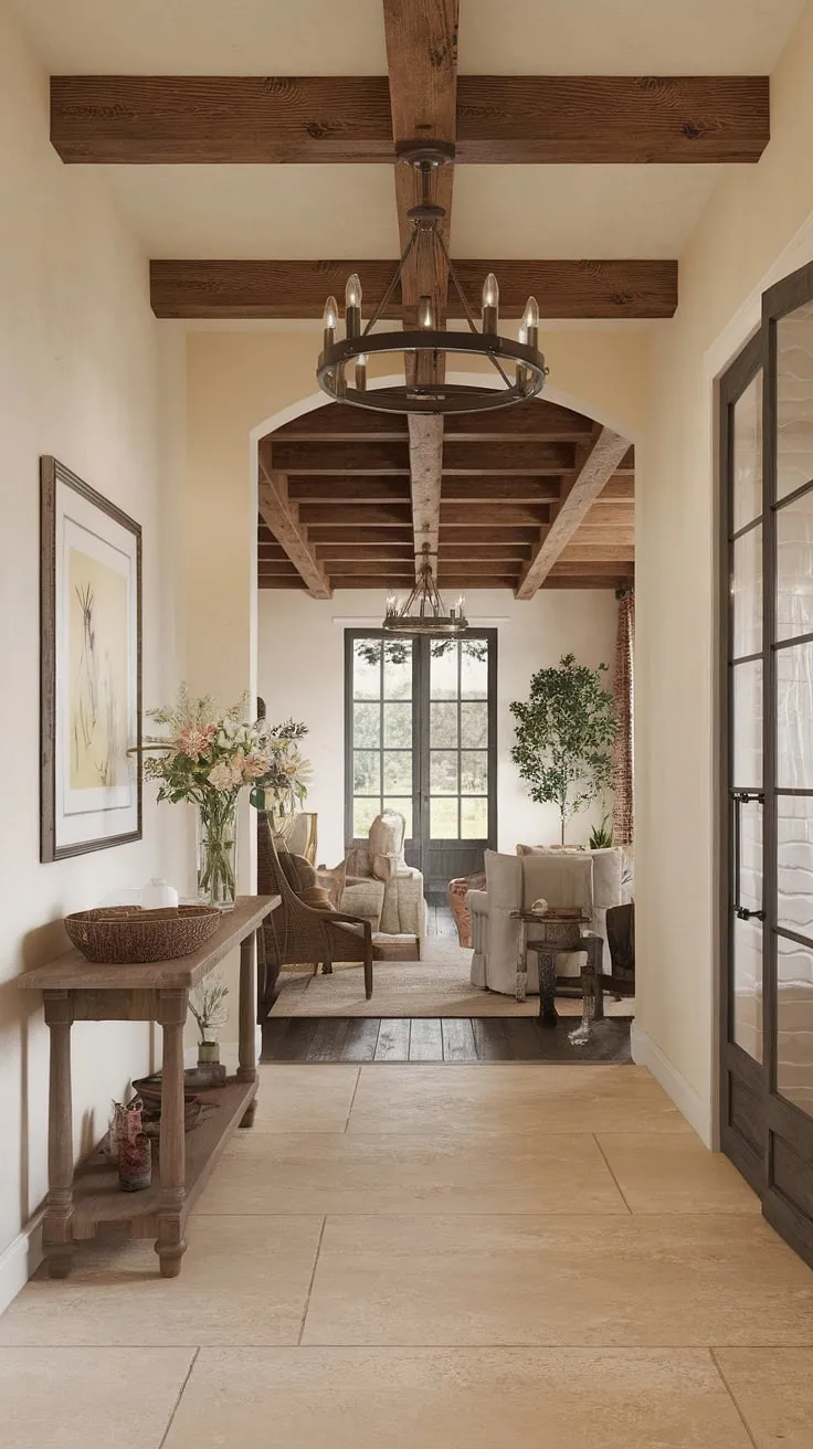 Elegant French country farmhouse style blends modern and traditional elements in a welcoming entryway.
