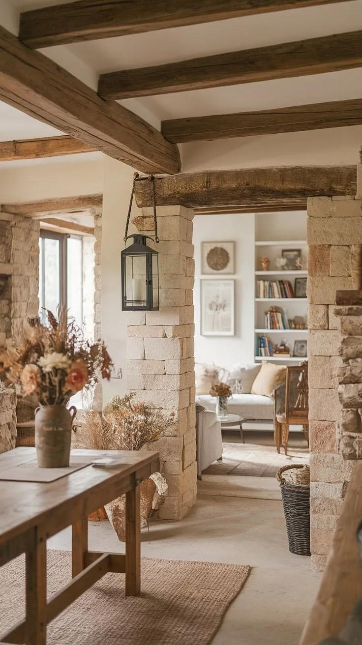 A country cottage's warmth shines in this French farmhouse, featuring wooden accents and a welcoming living space.
