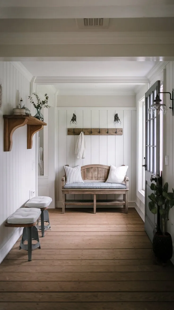 Elegant French country farmhouse entryway design features a wooden bench and charming décor in a white and grey palette