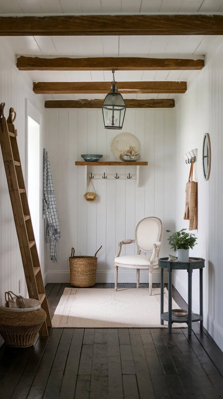 Rustic charm fills a French farmhouse entryway, its wooden beams and dark floors complemented by vintage details and simple décor.