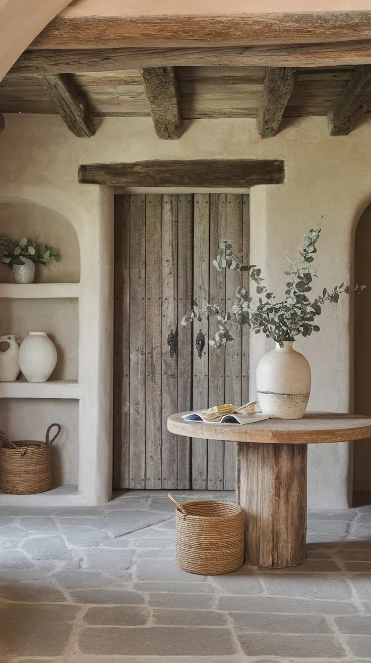 A charming French country farmhouse entryway boasts a weathered wooden door, stone floors, and a cozy atmosphere enhanced by natural textures and simple décor
