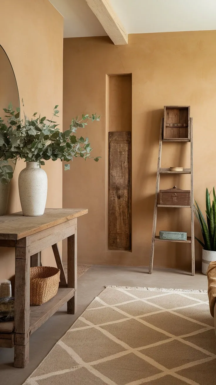 A modern French country home's entryway showcases a blend of vintage and contemporary elements in a calming beige palette.