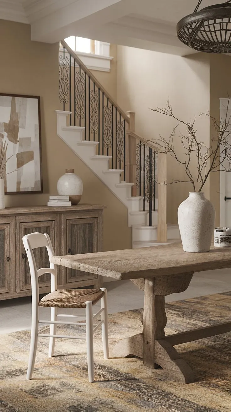 Rustic charm meets modern elegance in this beige-walled French farmhouse, showcasing a wooden table, woven chair, and wrought-iron staircase.