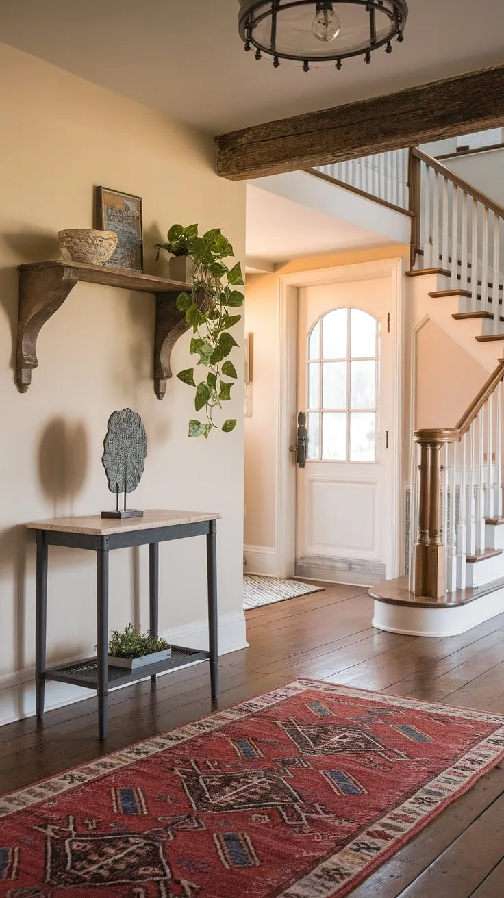 Warm lighting enhances the charming French country farmhouse entryway's elegant simplicity
