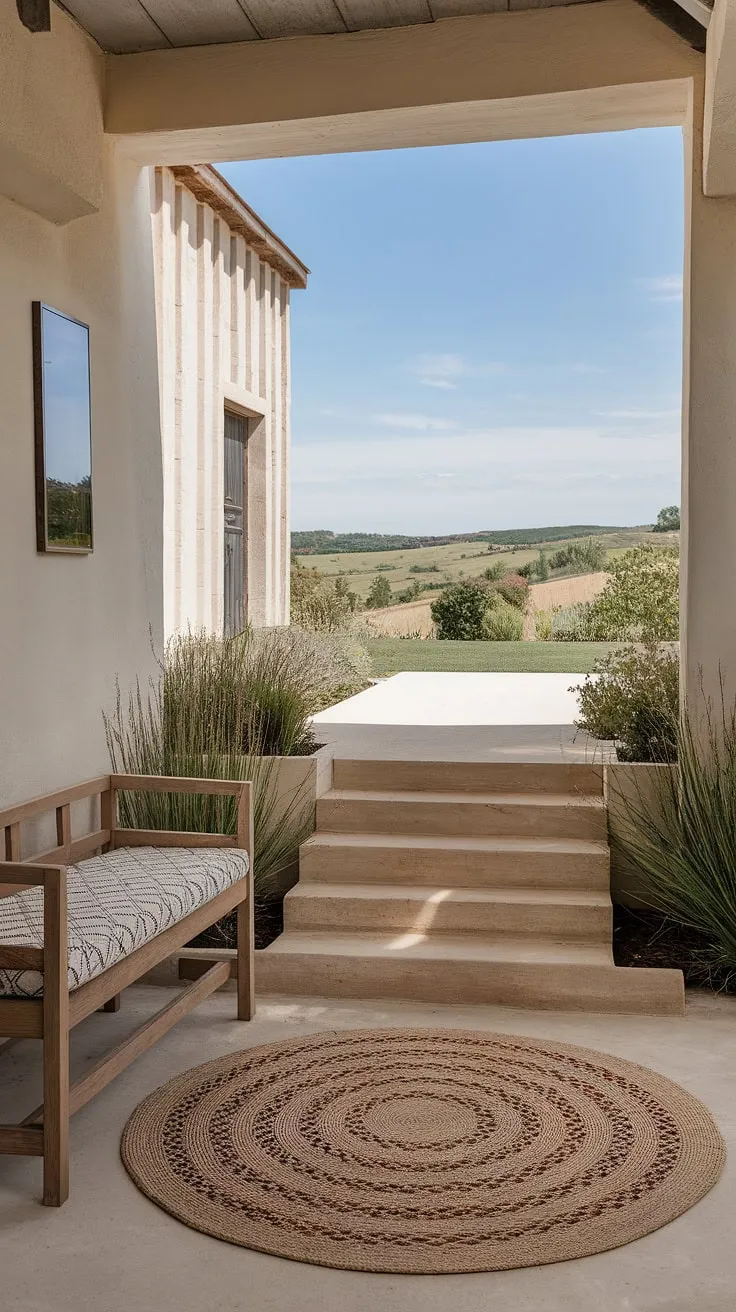A charming modern French farmhouse welcomes you with a cozy entryway, rustic bench, and stunning countryside views.