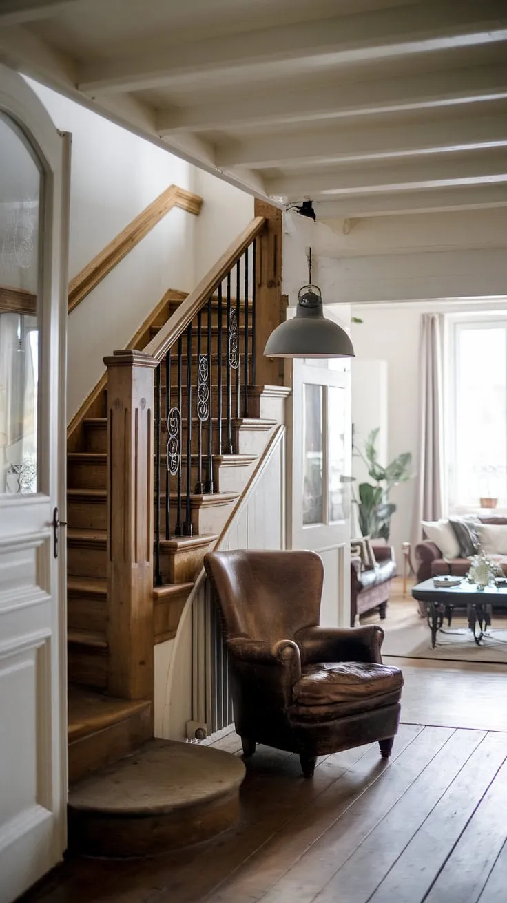 A worn leather chair and wrought iron staircase detail the elegant charm of a French farmhouse interior.