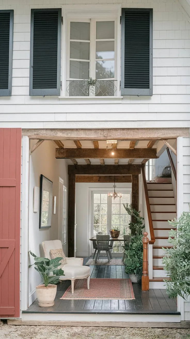 Rustic charm abounds in this French farmhouse, its white exterior and warm interior hinting at cozy country living.