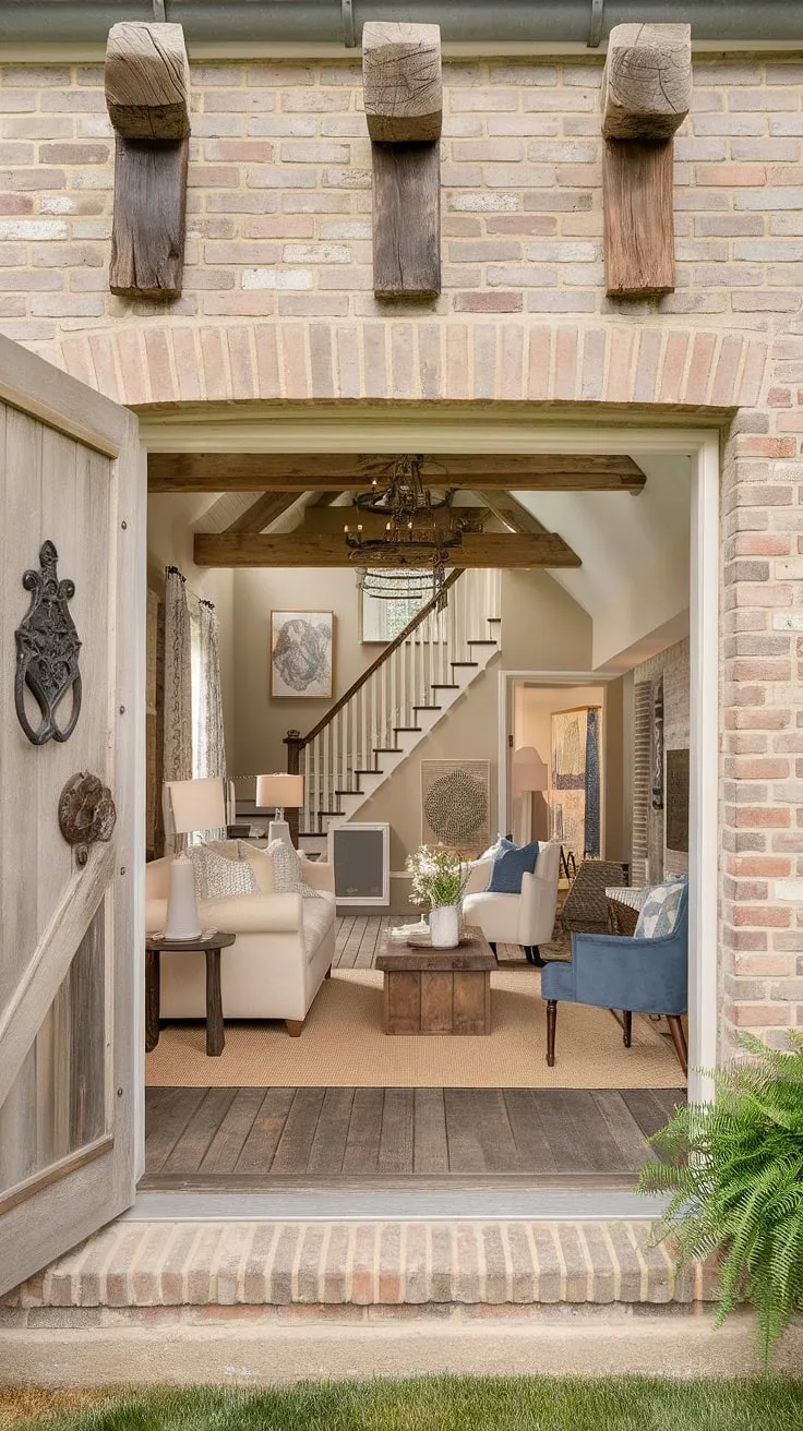 Elegant French country farmhouse design blends brick, wood, and calming interiors for a charming home