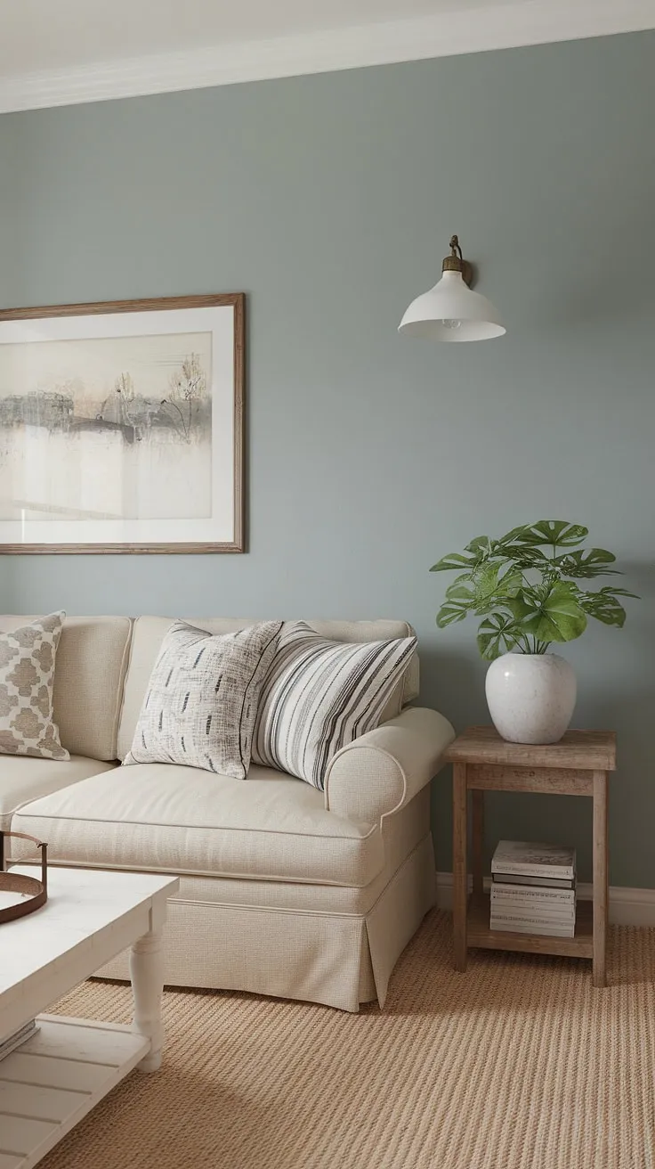Soft blue walls and a beige palette create a calming modern French farmhouse living room.