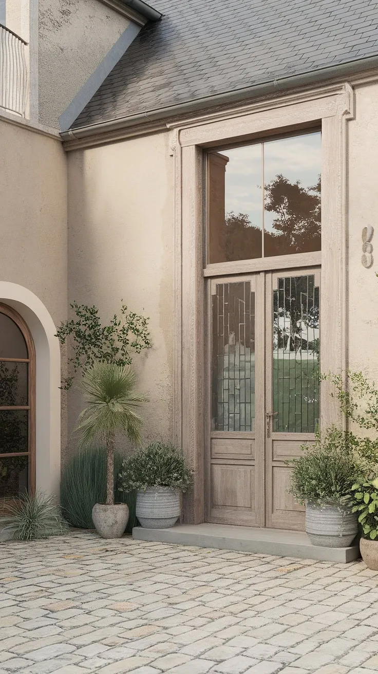 A beige and grey modern French farmhouse, boasting a rustic exterior and cobblestone entryway, sits serenely amidst a verdant landscape.