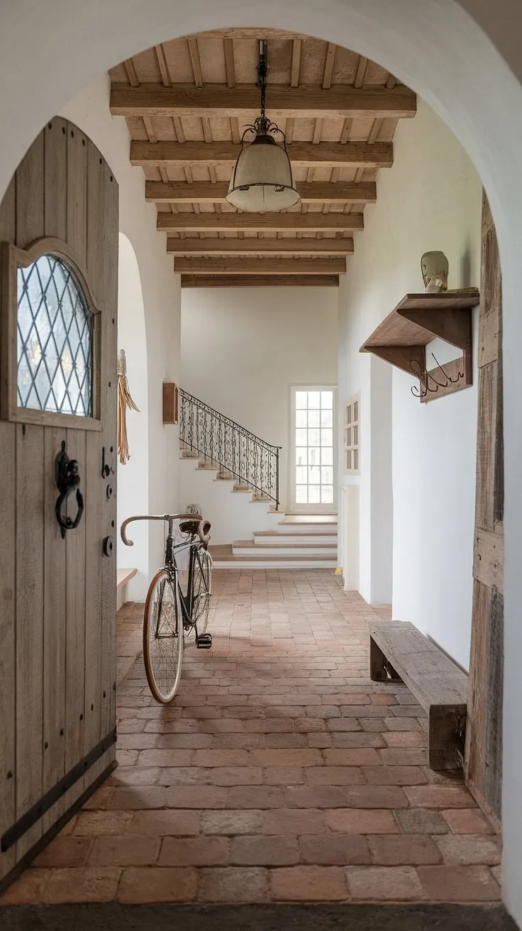 A vintage bicycle and terracotta tiles highlight the inviting entryway of a stylish French country home.