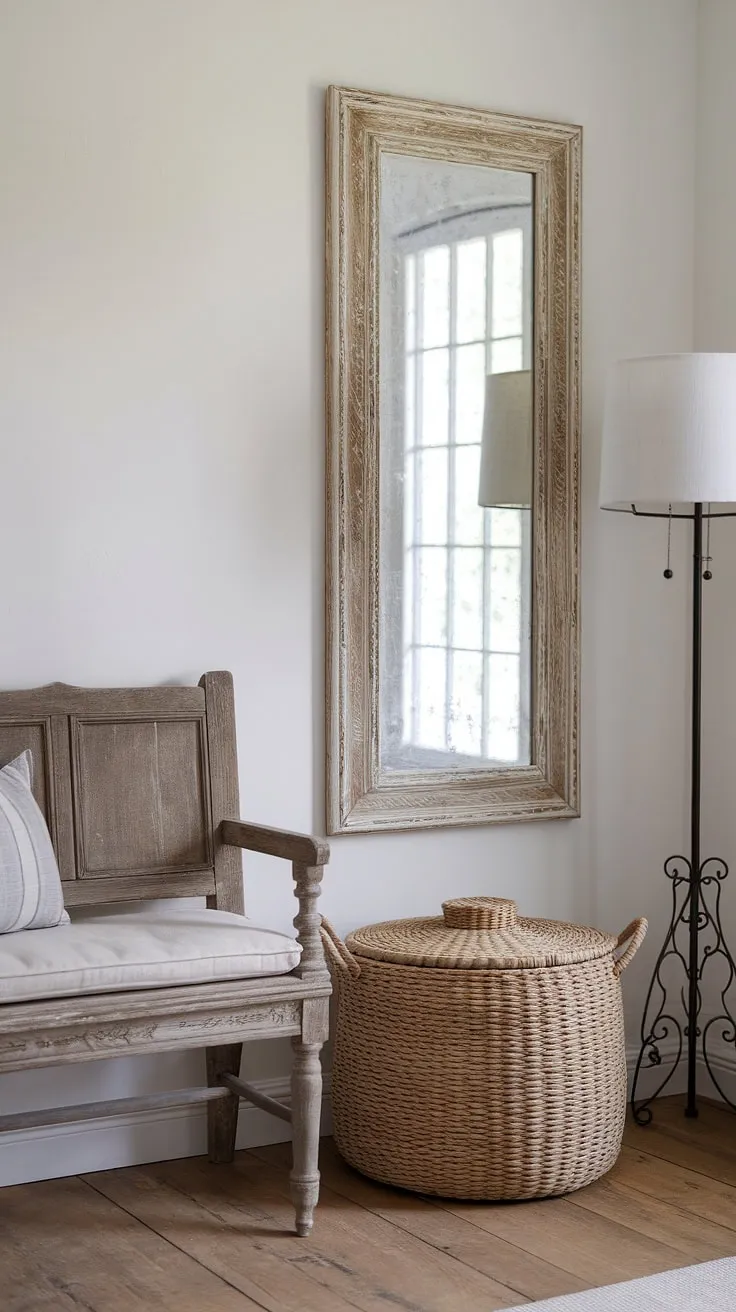 Rustic charm meets modern comfort in this French farmhouse entryway, showcasing distressed wood, woven textures, and soft lighting.