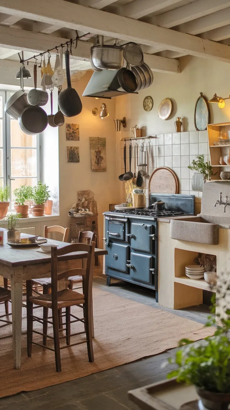 Warmth and inviting charm fill a French country kitchen, complete with vintage appliances and homey décor.