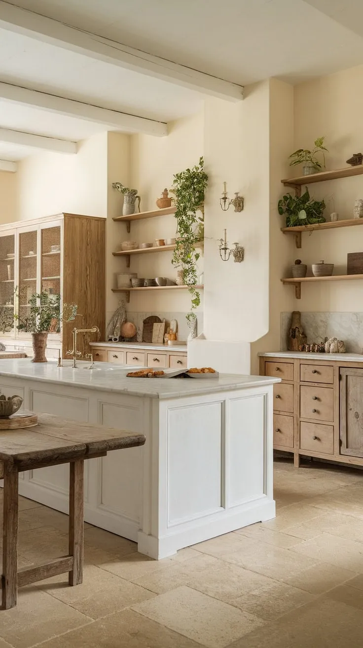 A sunlit French kitchen boasts a spacious marble-topped island and warm wooden cabinetry, creating a refined atmosphere.