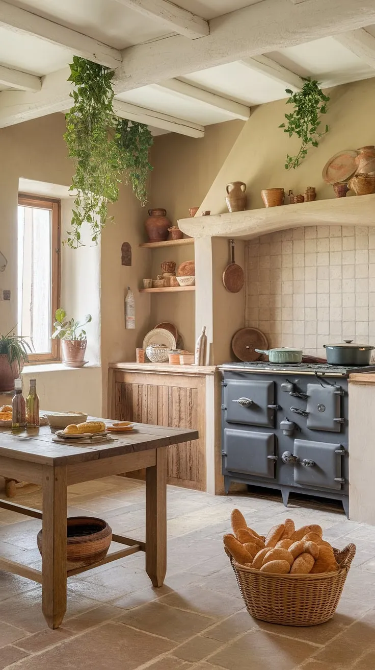 Earthy tones and hanging greenery create a peaceful, vintage-inspired French kitchen.
