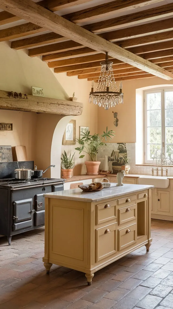 Elegant French country charm fills a warm kitchen with a marble island and vintage stove
