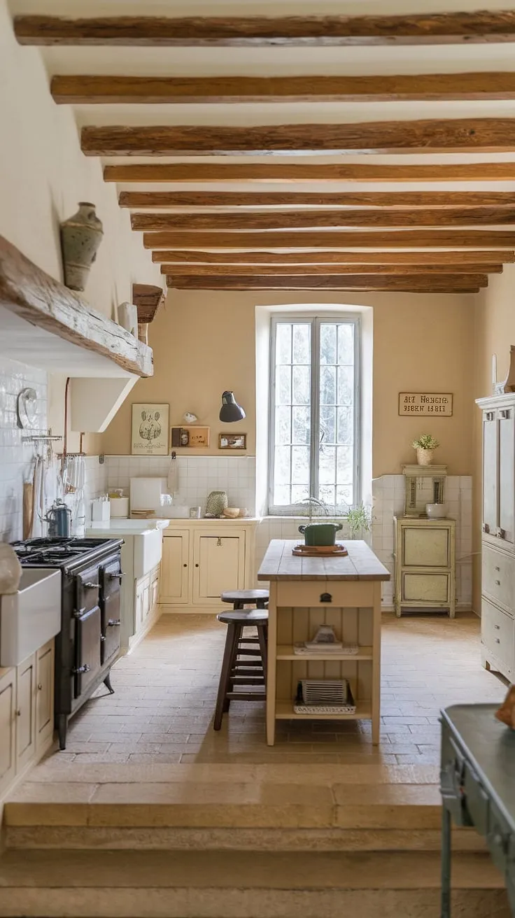 Elegant beige and white French country kitchen design features a vintage stove and wooden beams.