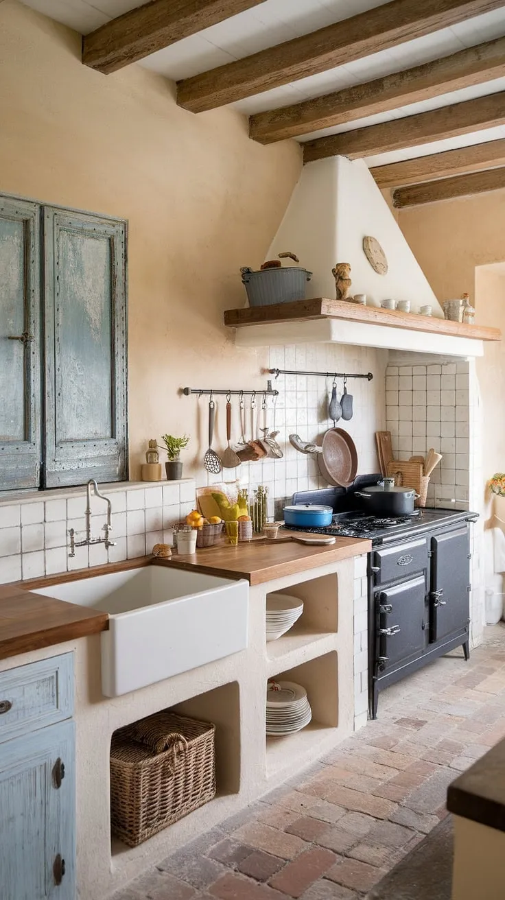 Elegant French country charm fills a kitchen with aged blue accents and warm terracotta floors