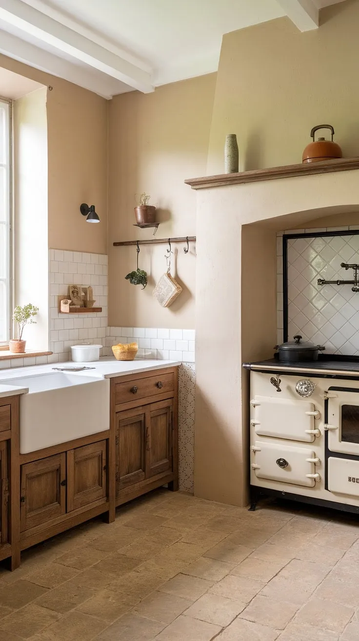 Elegant beige and white hues create a charming vintage French country kitchen atmosphere