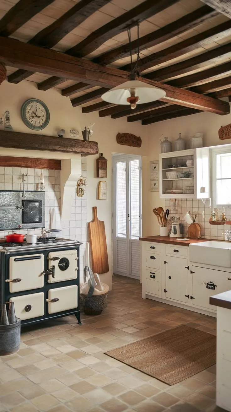 Warmth and vintage charm fill a French country kitchen, complete with wooden beams, white cabinets, and a charmingly cluttered workspace.