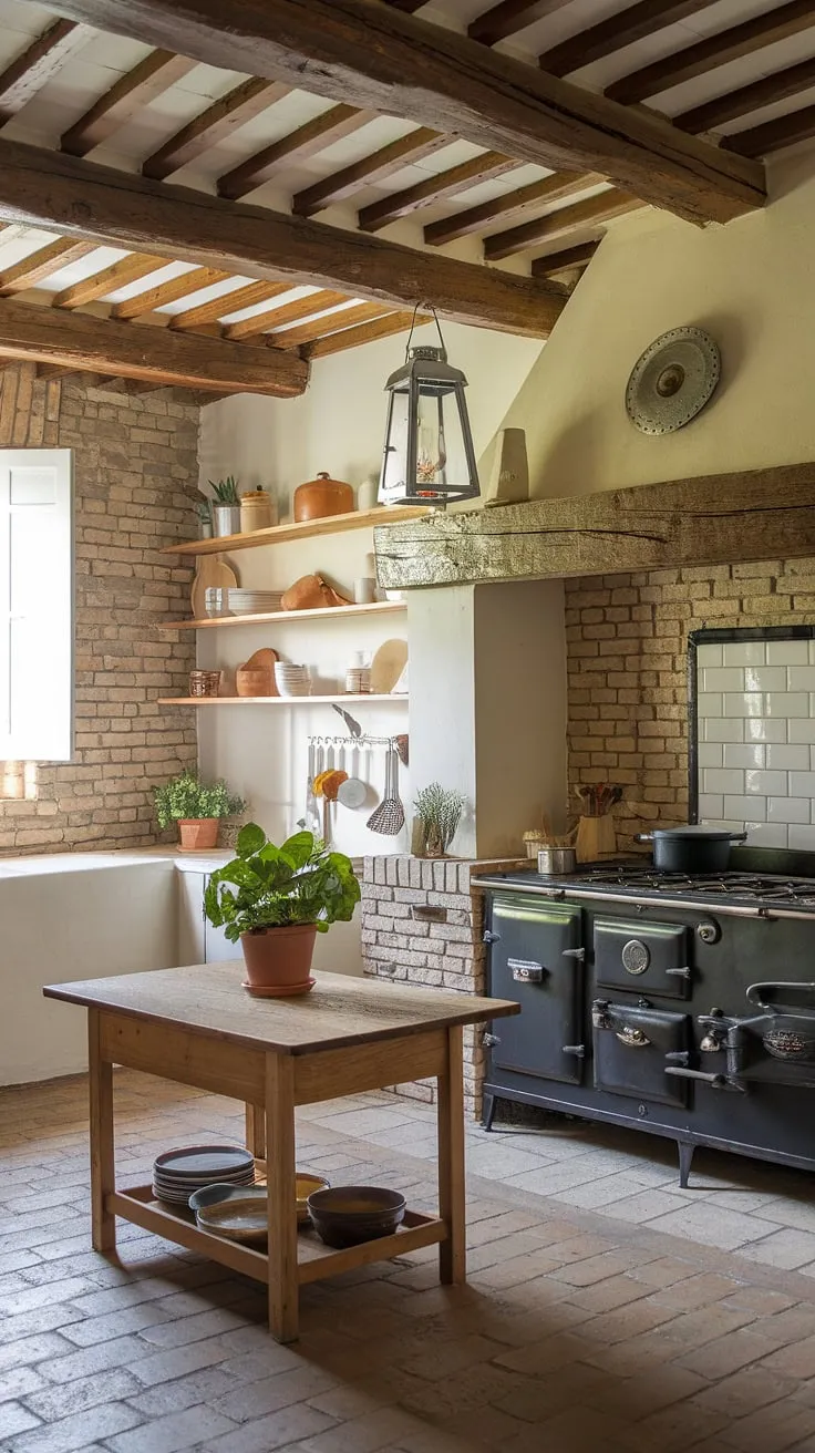 Rustic charm fills a French country kitchen, its exposed brick and wooden beams complementing a vintage stove and terracotta tile floor.