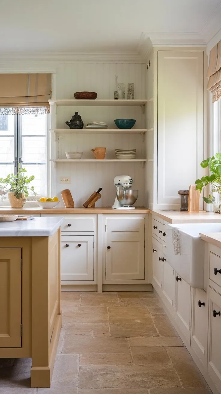 Elegant beige and white French country kitchen features a marble-topped island and charming details.