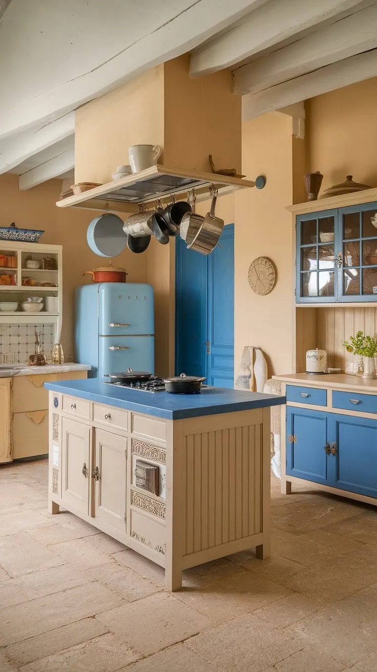 Warm lighting highlights a charming French country kitchen, its beige cabinetry and blue accents creating a serene atmosphere