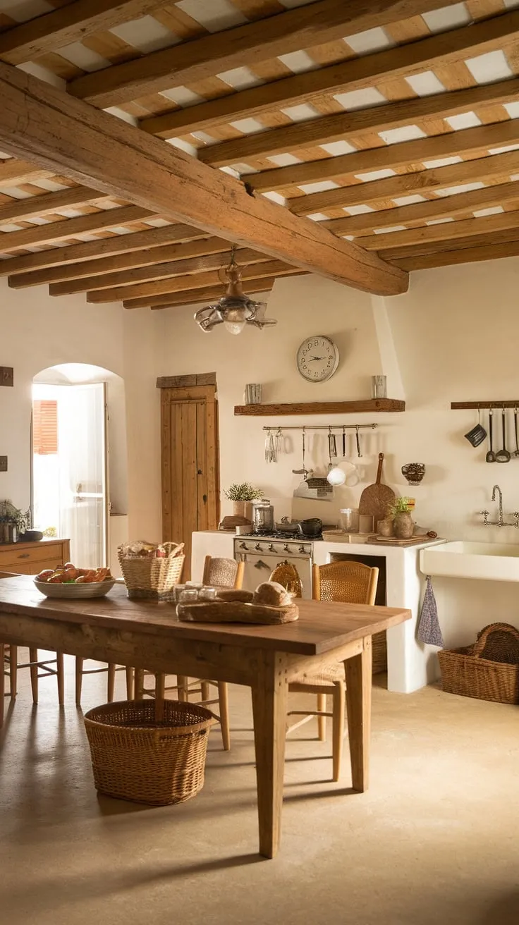 Warm lighting enhances the inviting charm of a French country kitchen, complete with wooden beams and a simple yet elegant table setting
