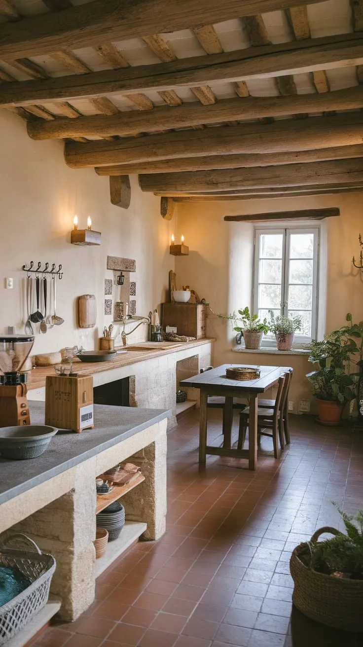 Rustic charm fills a French country kitchen, its stone walls and wooden beams complementing a warm, inviting atmosphere.