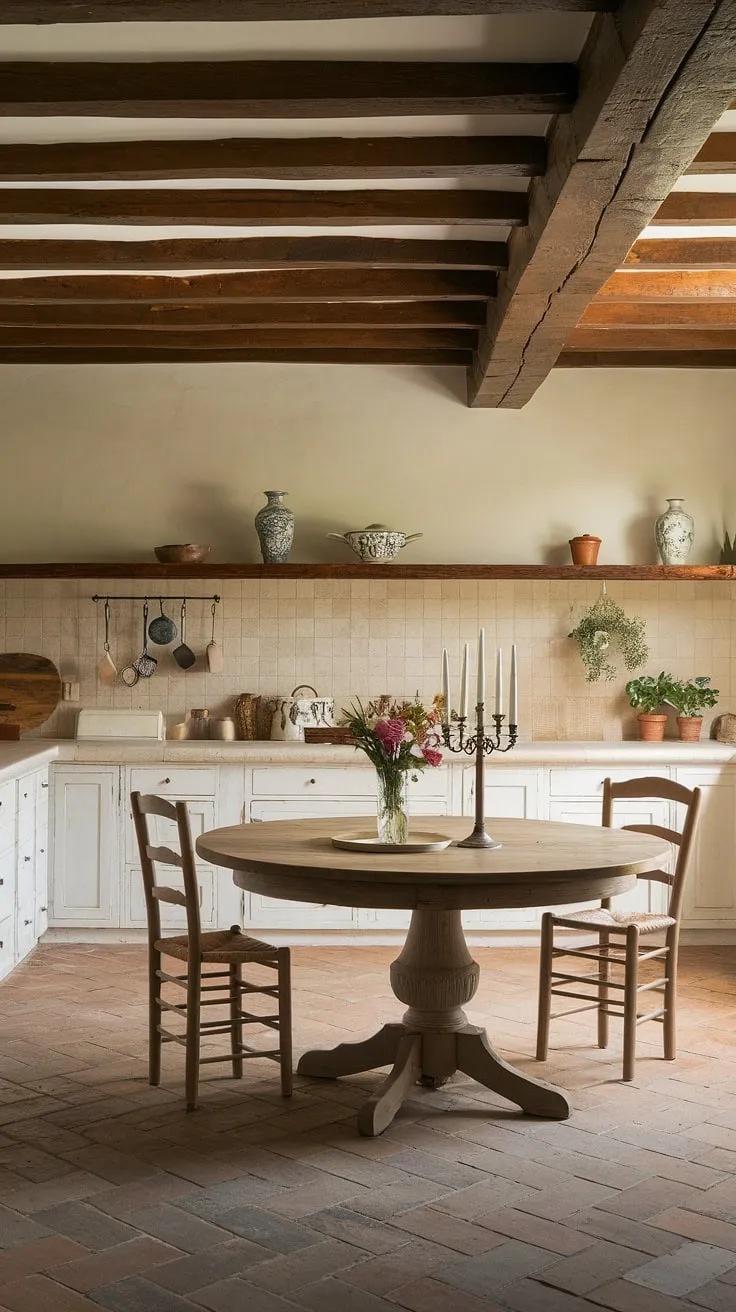 Elegant French country charm fills a sunlit kitchen, highlighted by a wooden table and terracotta floors