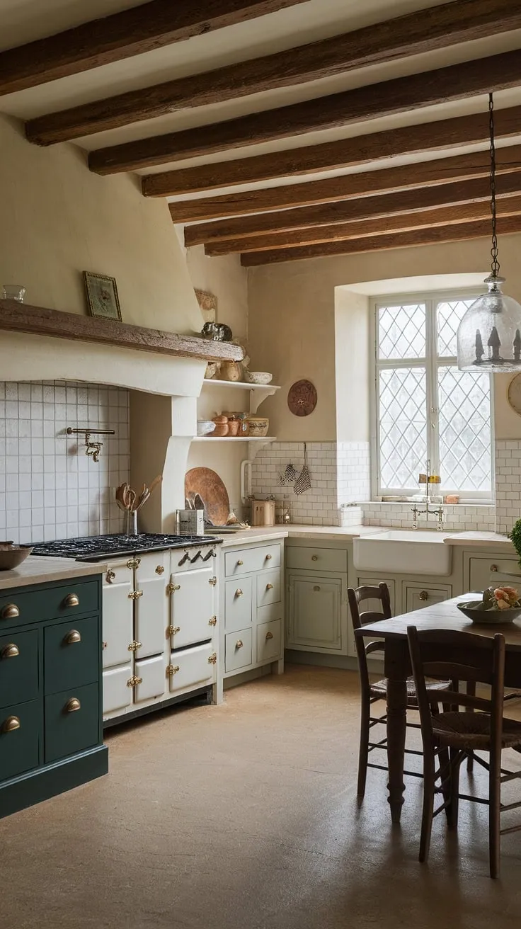 Rustic charm fills a French country kitchen, its beige tones warmed by a dark green island and gleaming brass hardware.
