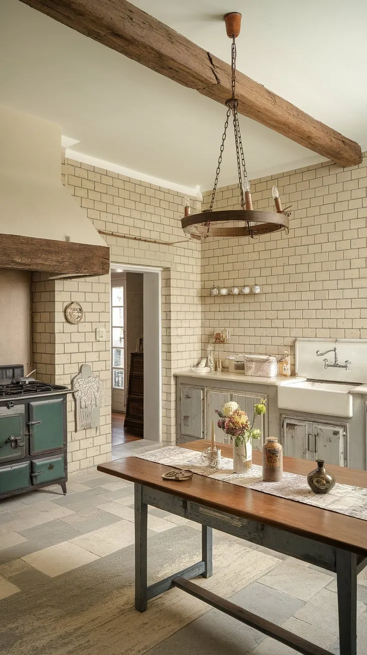 Elegant French country charm fills a kitchen with beige brick, wooden beams, and vintage details.