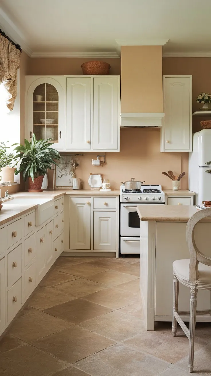 A calming French country kitchen is defined by its beige and white palette and classic design.