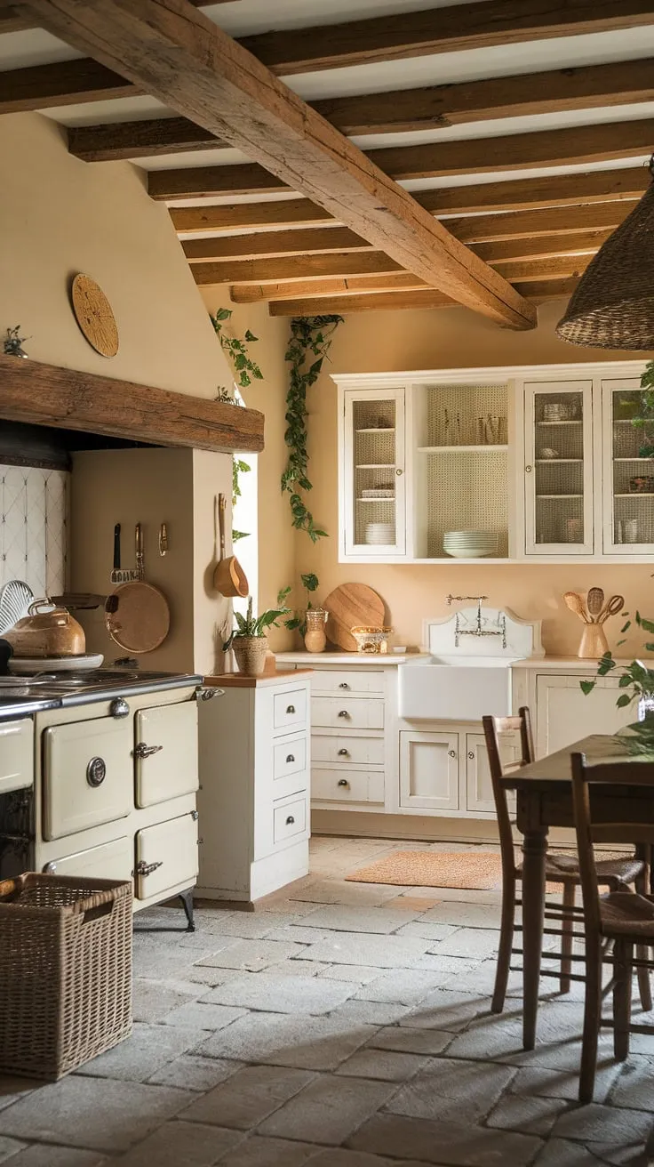 Warm lighting illuminates a charming French country kitchen, showcasing aged details and fresh greenery in a comforting space