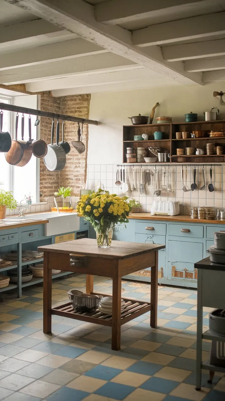 Elegant French country charm fills a kitchen with a beige and blue checkered floor, wooden accents, and blooming yellow flowers