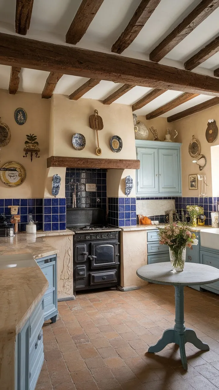 Beige and blue hues, vintage decor, and terracotta floors create a charming French country kitchen.
