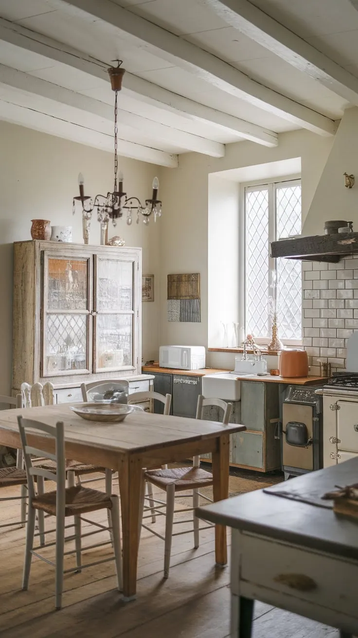A charming French kitchen evokes elegance with its wooden table, white walls, and exposed beams.