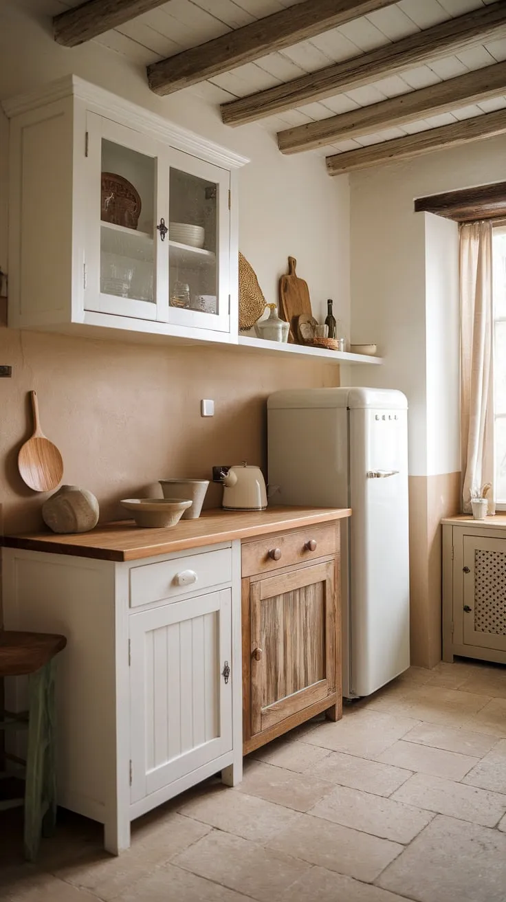 Rustic charm fills a French country kitchen, its beige and white palette accented by warm wood and simple, inviting details.