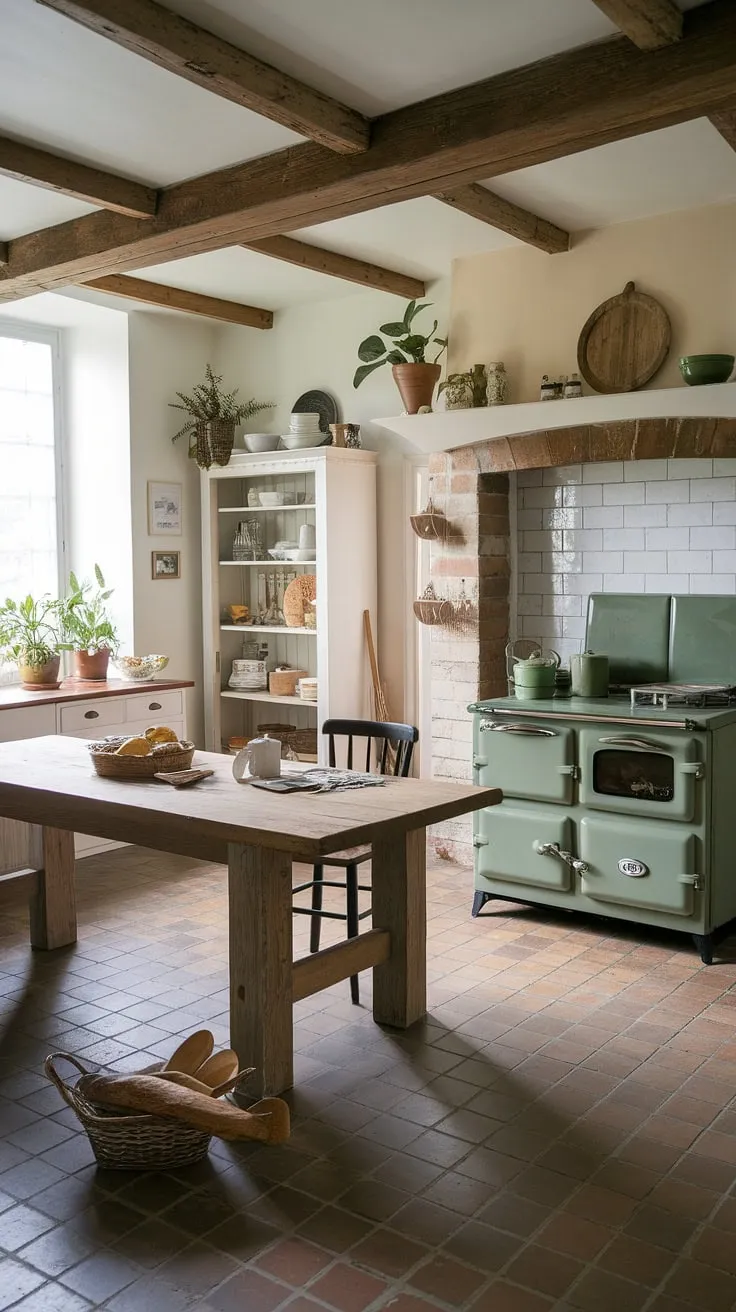 Enchanting French country charm fills a kitchen, complete with a farmhouse table, vintage stove, and charming details.