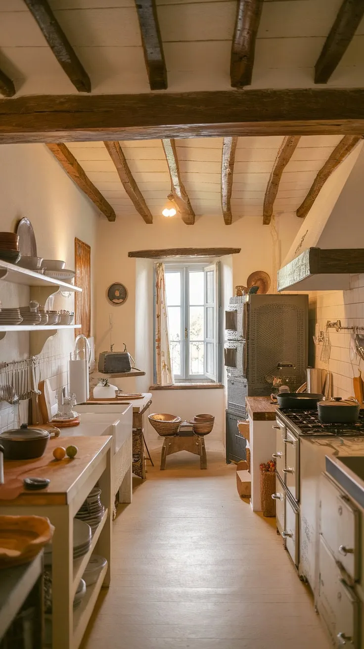 A French country kitchen's vintage charm is evident in its warm ambiance and carefully arranged details.