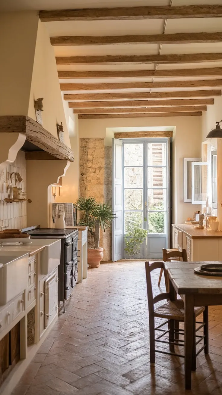 Warm lighting illuminates a rustic French country kitchen, its beige and white palette accented by wooden beams, a stone wall, and terracotta tiles.