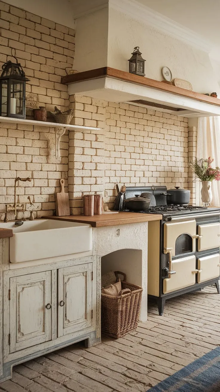 Elegant French country charm fills a kitchen with distressed white cabinets and warm beige brick.