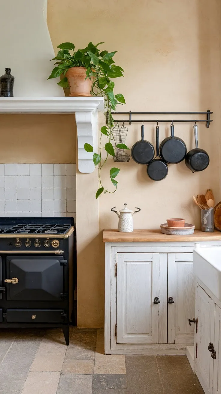 A serene French kitchen blends beige walls, white cabinets, and black appliances for a stylish space