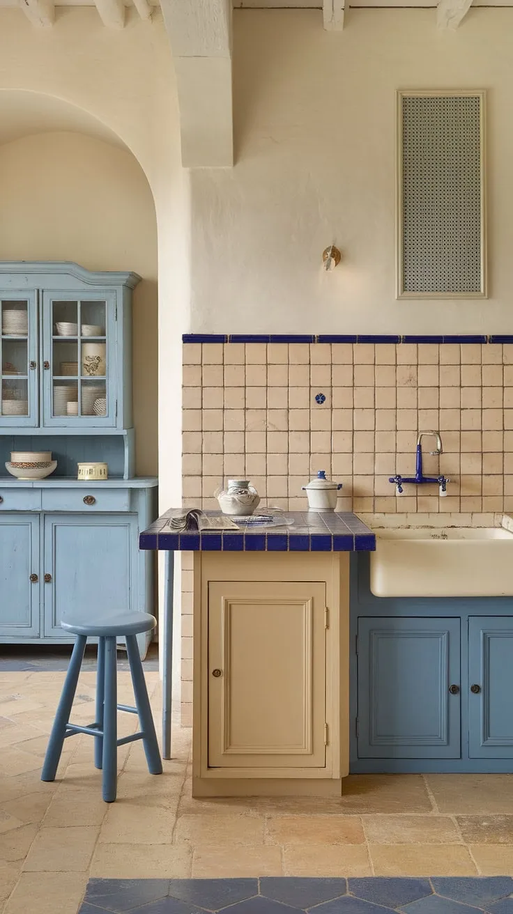 A bright French country kitchen harmoniously blends beige and blue tones in its cabinetry, countertops, backsplash, and flooring